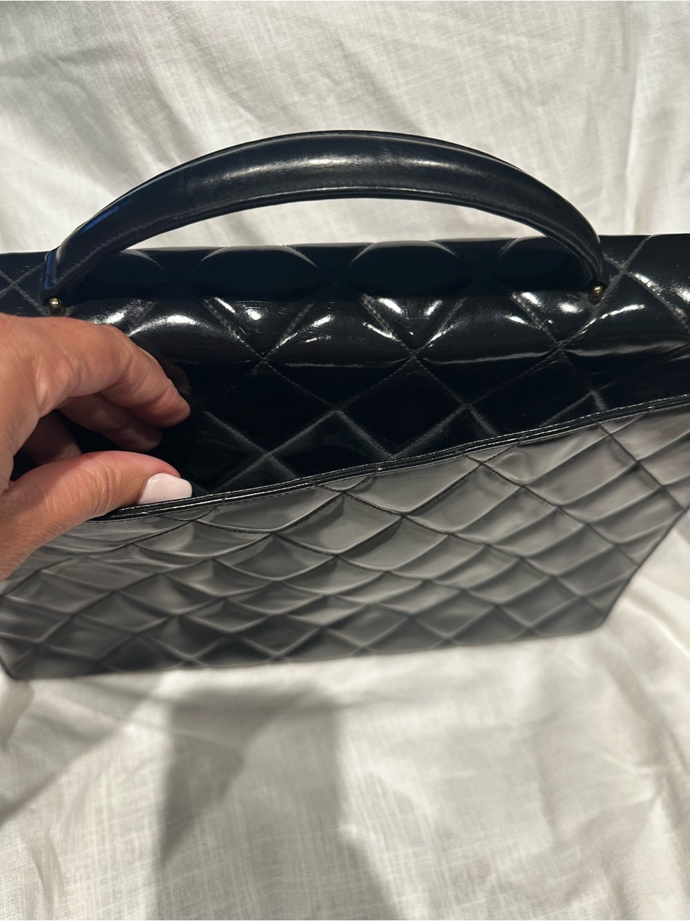 CHANEL Black Quilted Patent Top Handle Satchel with Gold CC - Picture 5 of 7